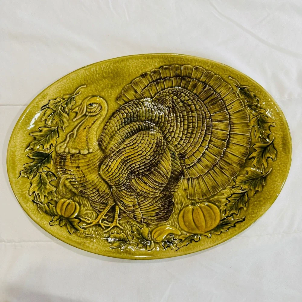 Vintage Embossed Turkey Serving Platter Oval Ceramic 17 In Thanksgiving‎ Holiday